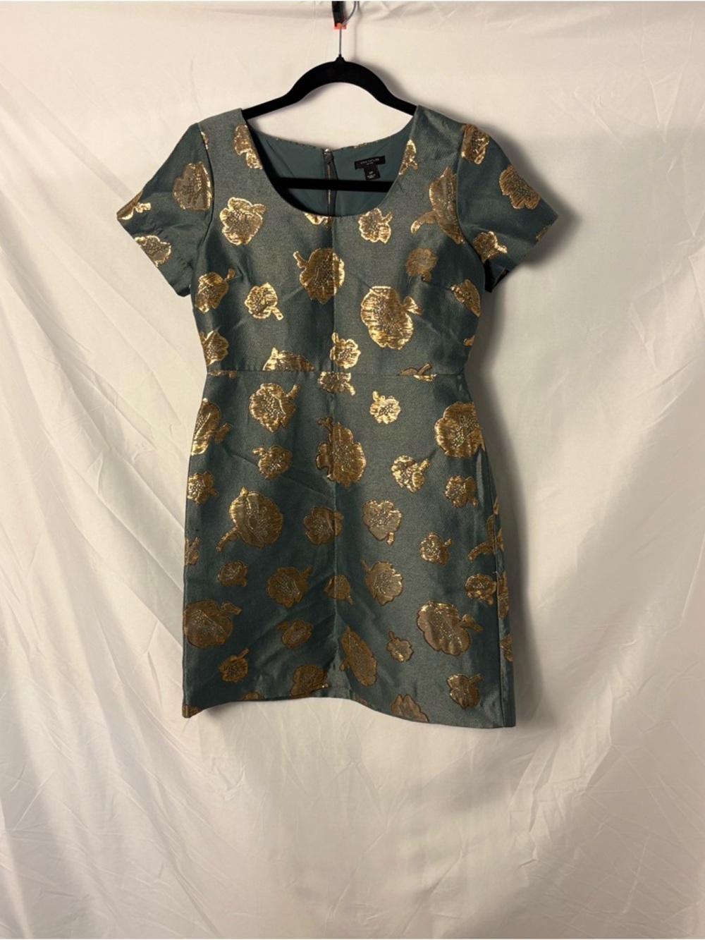 Ann Taylor 50's Style Short Sleeve Teal Mini Dress Gold Floral Jacquard Sz 2P